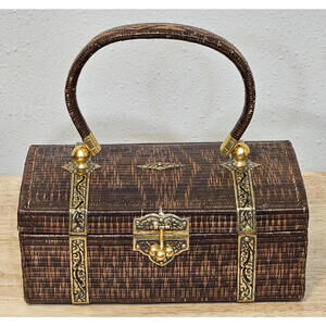 Traditional Vintage Yan Lipao Woven Handle Purse Bag W Velvet Lining‎ & Mirror